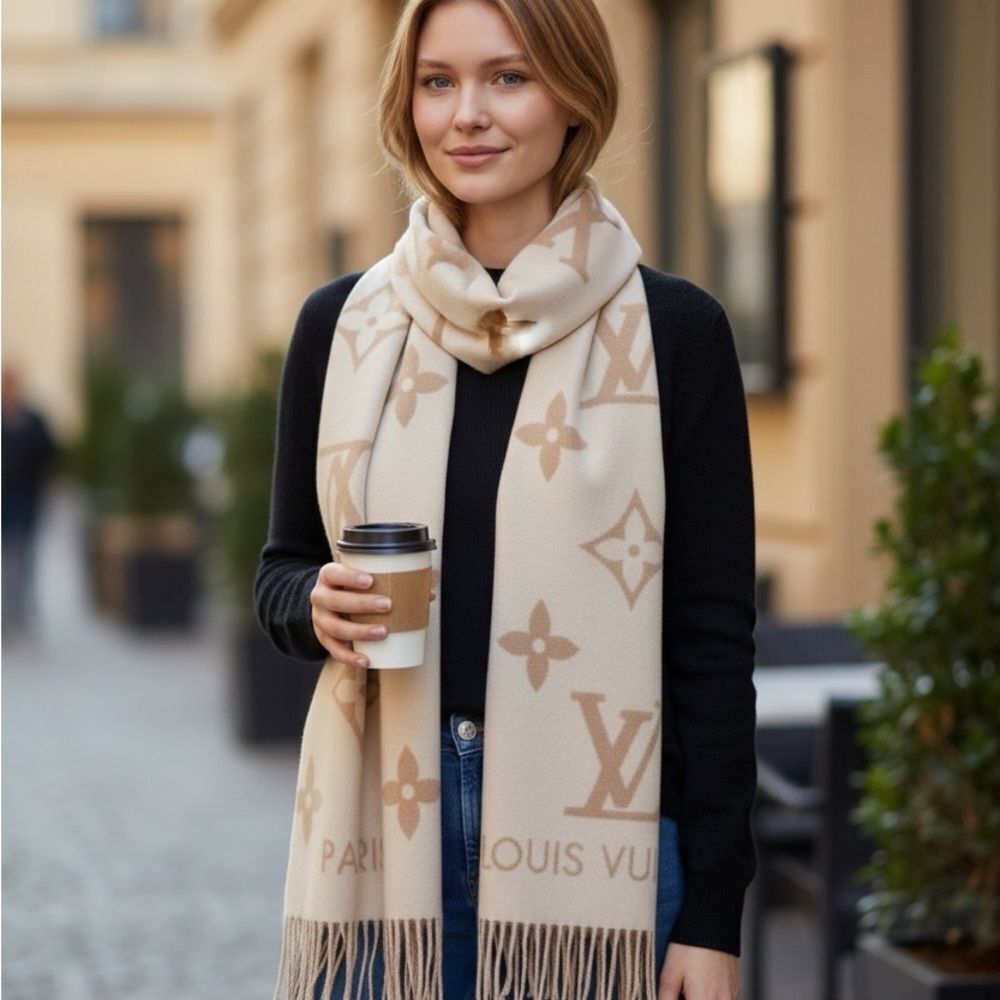 NWT Louis Vuitton Cream & Sable Brown 100% Cashmere M76067 LV Monogram Scarf
